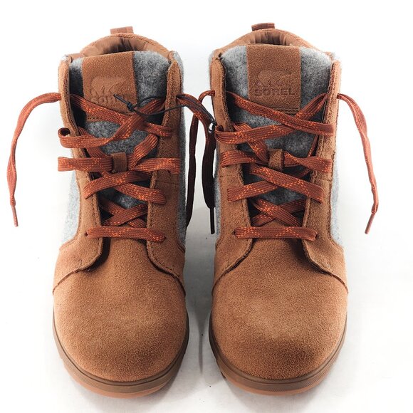 SOREL NWOB Evie Ankle Lace up Wedge Booties Brown Gray Suede - Picture 4 of 10